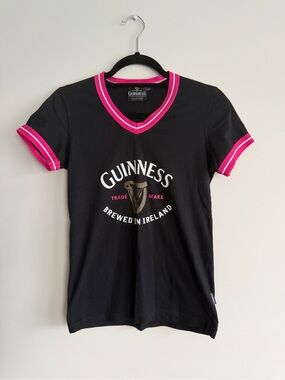 Guinness Women's Black V-Neck Tee with Pink Trim